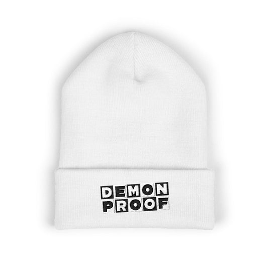 Embroidered 'DEMON PROOF' Cuffed Beanie — Bold Gothic Streetwear Winter Hat